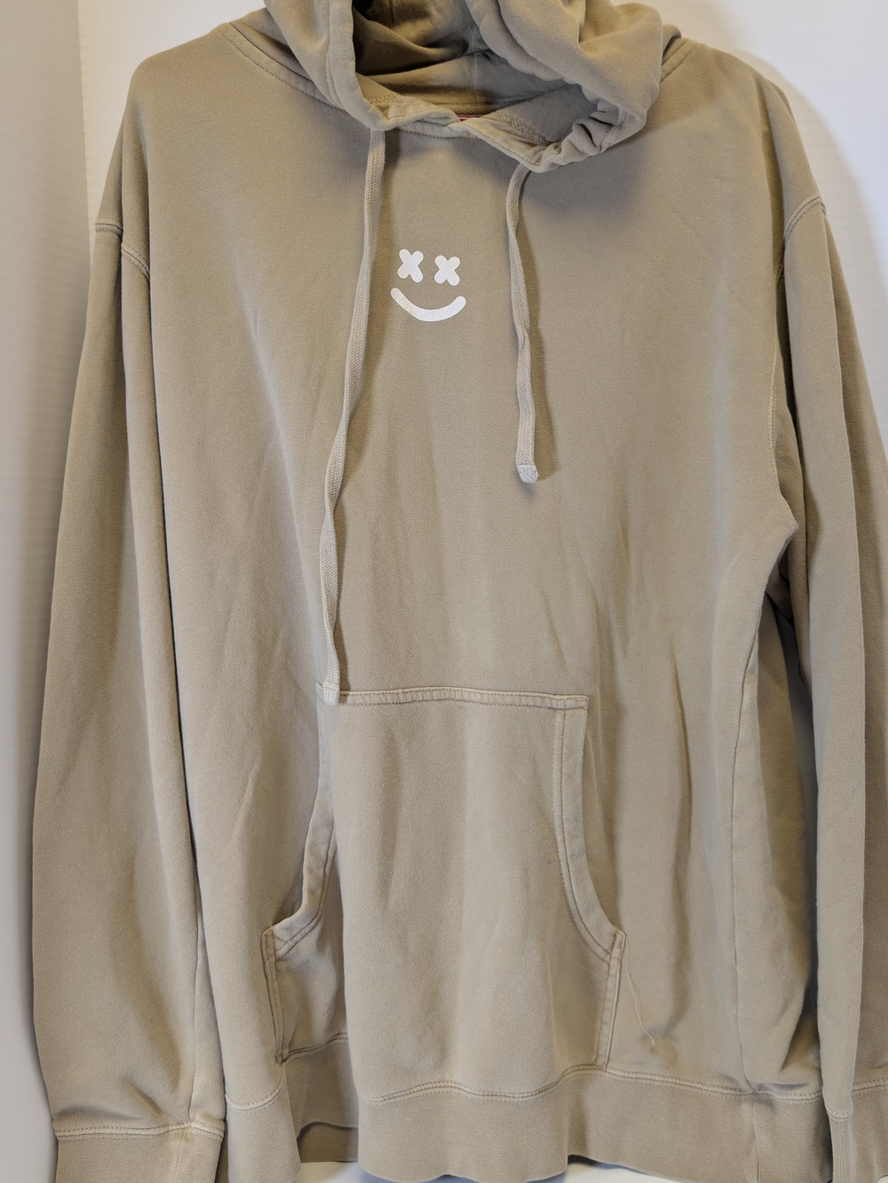 Neutral Khaki Pullover Hoodie with White Smiley Graphic